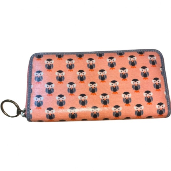 Fossil Owl Print Peach Zip Around Closure, Long Wallet with Keyring, Gray Trim - Picture 11 of 11